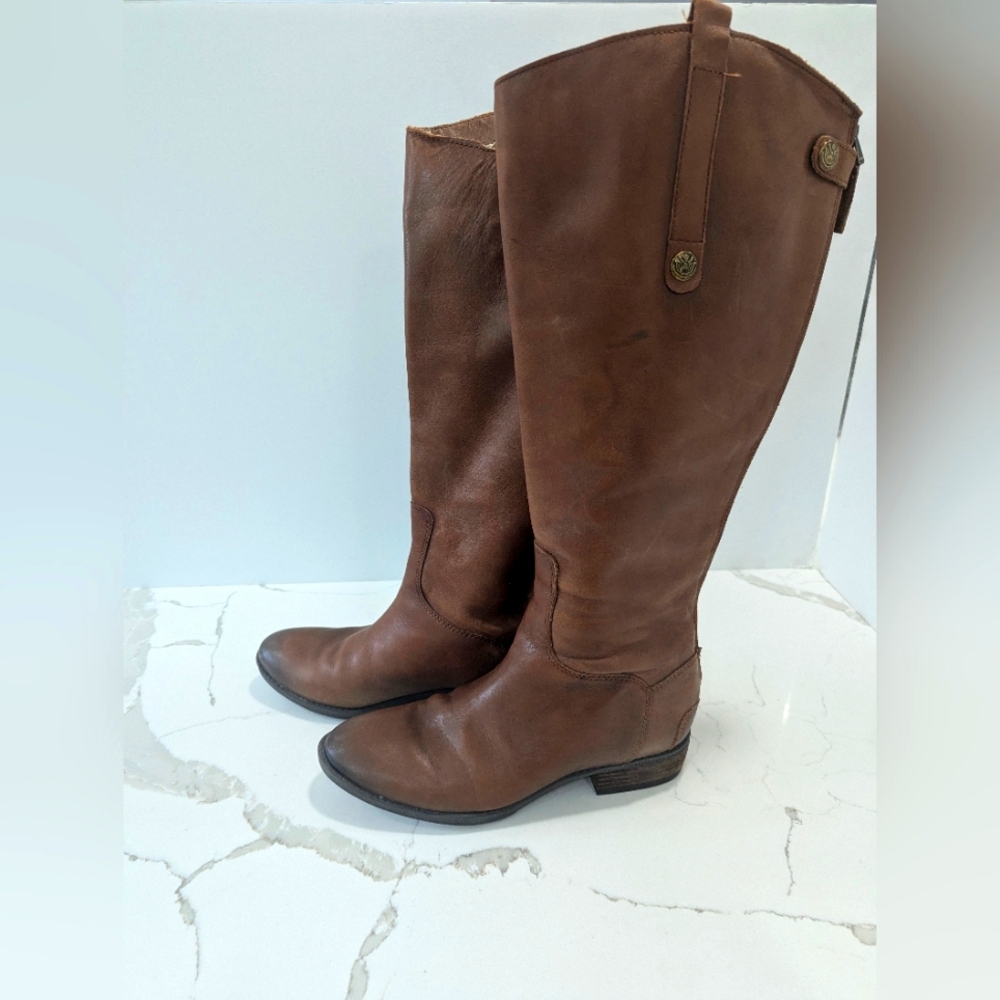 Sam Edelman Wide Calf Brown Leather Knee-High Back Zip Riding Boots 7W Western